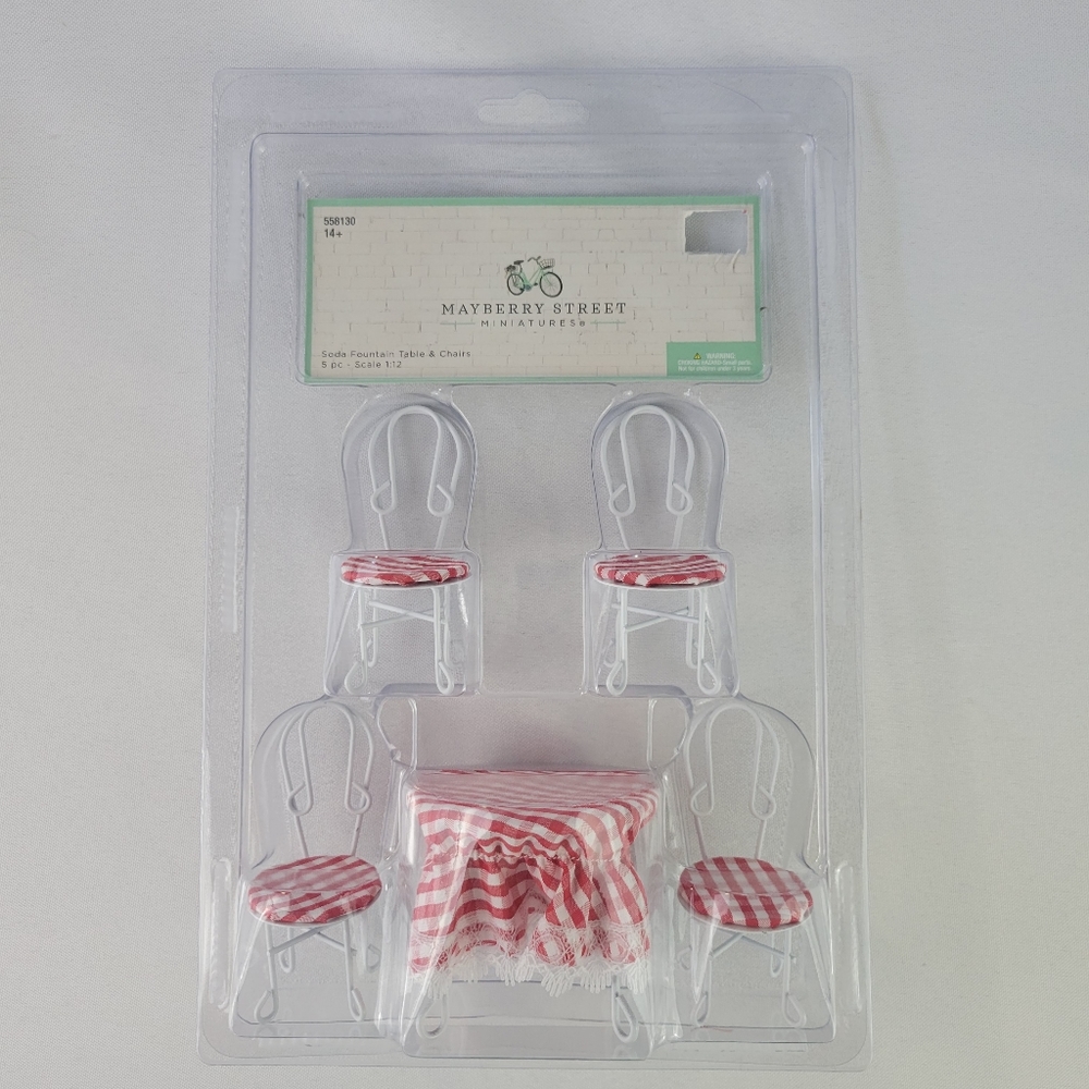 Miniature Red Gingham Soda Fountain White Table & 4 Chairs Doll House Furniture